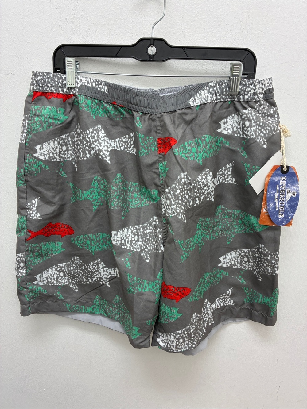 Gray Fish-Print Swim Trunks with Green & Red Accents